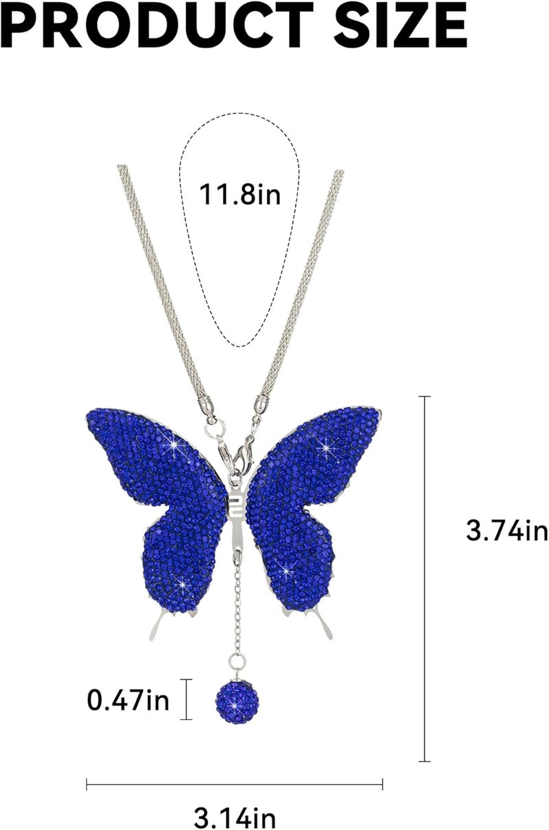 Couslcd Bling Butterfly Diamond Car Accessories, Crystal Car Rear View Mirror Charms for Women, Auto Decoration Lucky Hanging Interior Crystal Ornament Pendant Decor for All Cars (Dark Blue) - Image 2